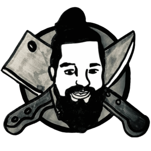 Eine Karikatur von Thomas Groh und im Hintergrund ein gekreuztes Beil und Messer